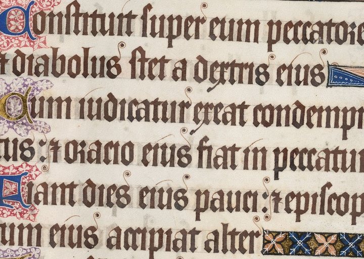 Detail of a page of the Luttrell Psalter, in Gothic script · 勒特雷爾詩篇的一頁局部,哥德體