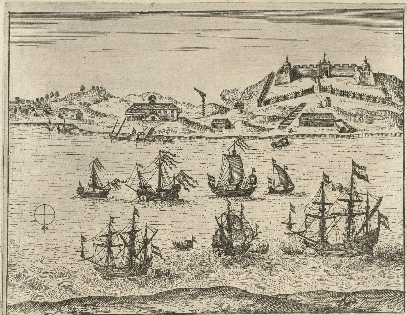 Etching: a fort with pointed corners on a hill by the water, fences on the slope, buildings on the shore, and many ships and boats in front · 蝕刻版畫：海邊高地上一座有尖角的城、山坡上的柵欄、岸邊的房子，前面有許多大小船隻